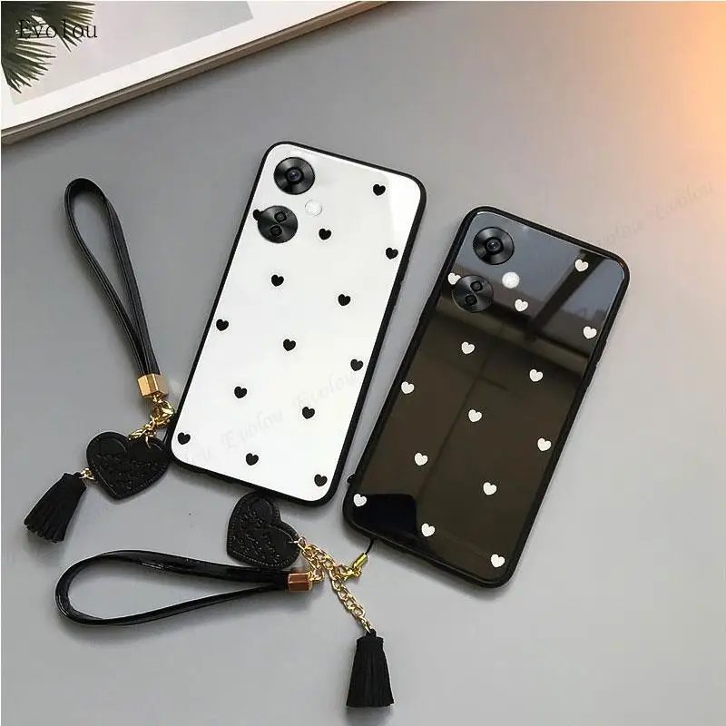 Tempered Glass Love Heart Case with Tassel Lanyard and Shockproof Soft Edge