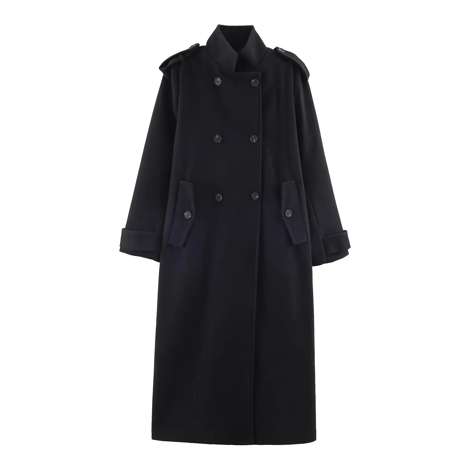 Women’s Stand Collar Long Coats 2025 Winter New Double-Breasted Woolen Coat Vintage Simple Outerwear Fashion Female Overcoat