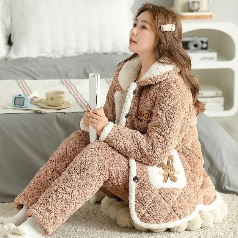 2023 New Coral Velvet Pajamas Women Padded Three-layer Cotton Sleepwear Autumn Winter Purple Western-style Warm Homewear Suit