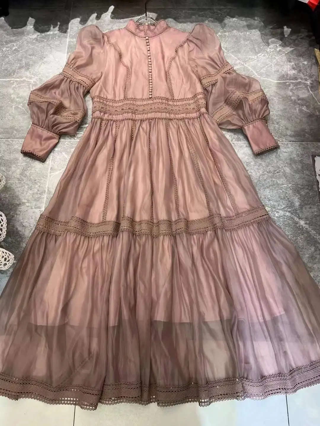 Elegant Long Dress Fairy Style Stand Up Collar Lantern Sleeves Splicing Waist Fashion Dresses Women 2025 Spring Autumn 1351
