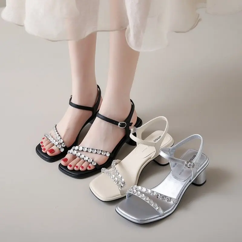 Women's Sandals 2024 Summer New White PU Square Toe Crystal Strap Buckle High Heels Acrylic Stiletto Fashion Party Women Shoes