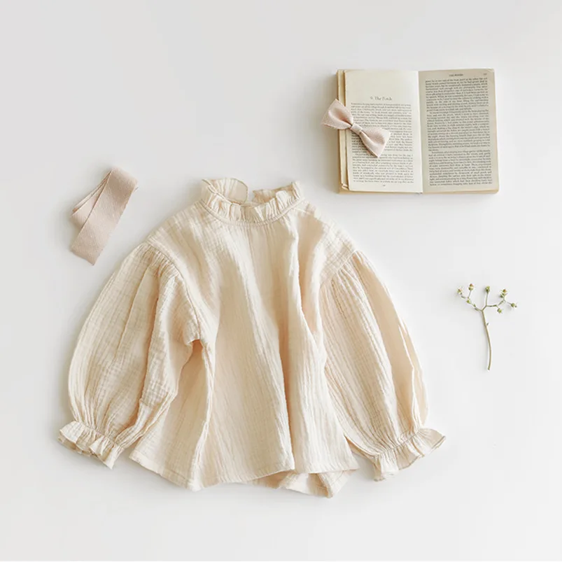 

2023 Girls High Neck Shirts Spring Toddler Girl Puff Sleeves Flowers Long Sleeve Children Pleats Cotton 0-6Y Lace Tops Clothes