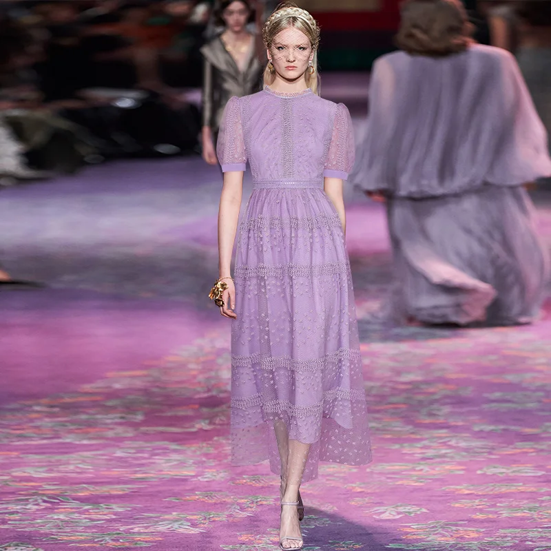 

Round Neck Perspective Short Sleeve Heavy Work Embroidery Waist Wrap Large Swing Mid Length Princess Style Dress New Summer 2023