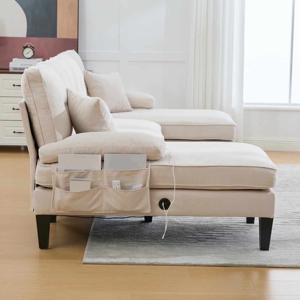 Großes U-förmiges 4-Sitzer-Sofa aus Weichem Leinen, Moderne Rückenlehne, mit 2 Chaiselongues, Stabilen Füßen und Gemütlichen Sitzkissen – Detail 37
