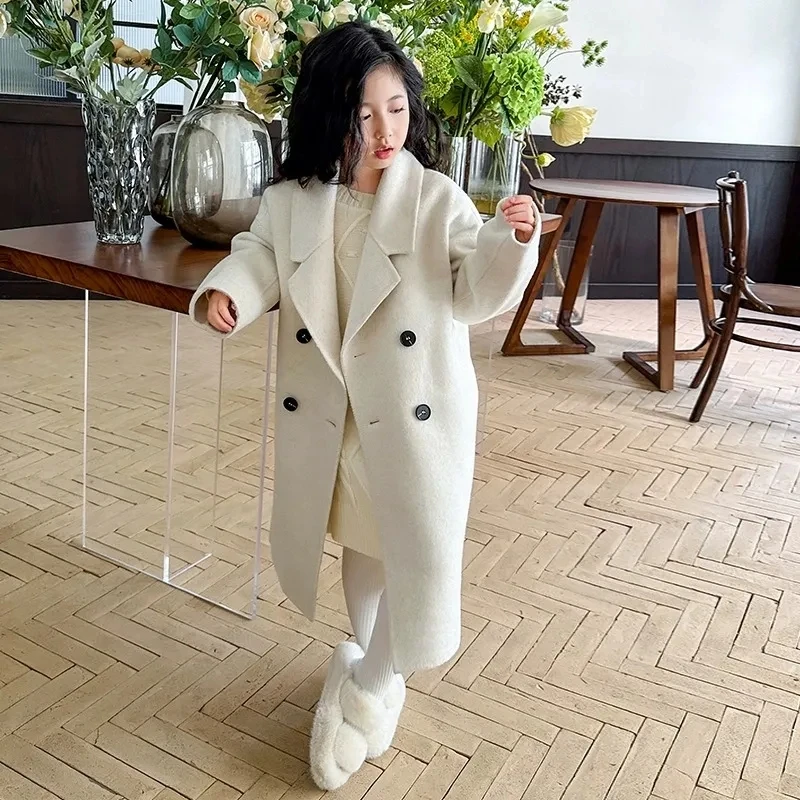 

4-14 Years Kids Woolen Long Jackets for Girls Turn Down Collar Loose Outwear Coat Chilren Teenager Girl Fall Trench Coat 7 8 9 6