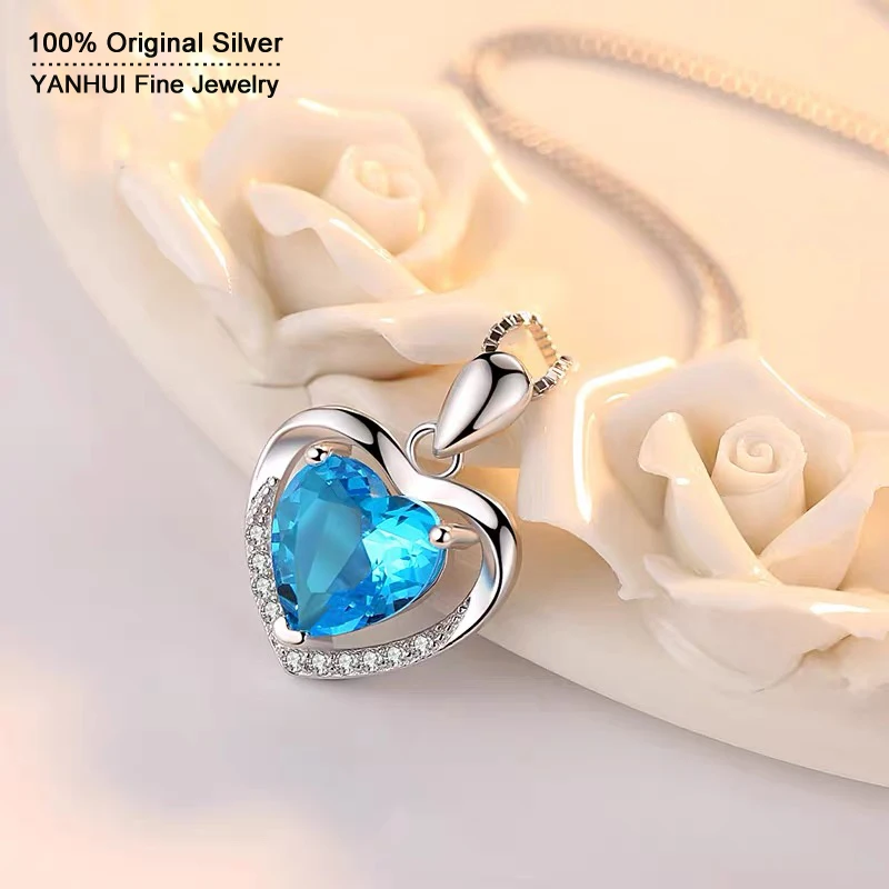 Antiallergic925SterlingSilverBlueHeartCrystalPendantNecklace