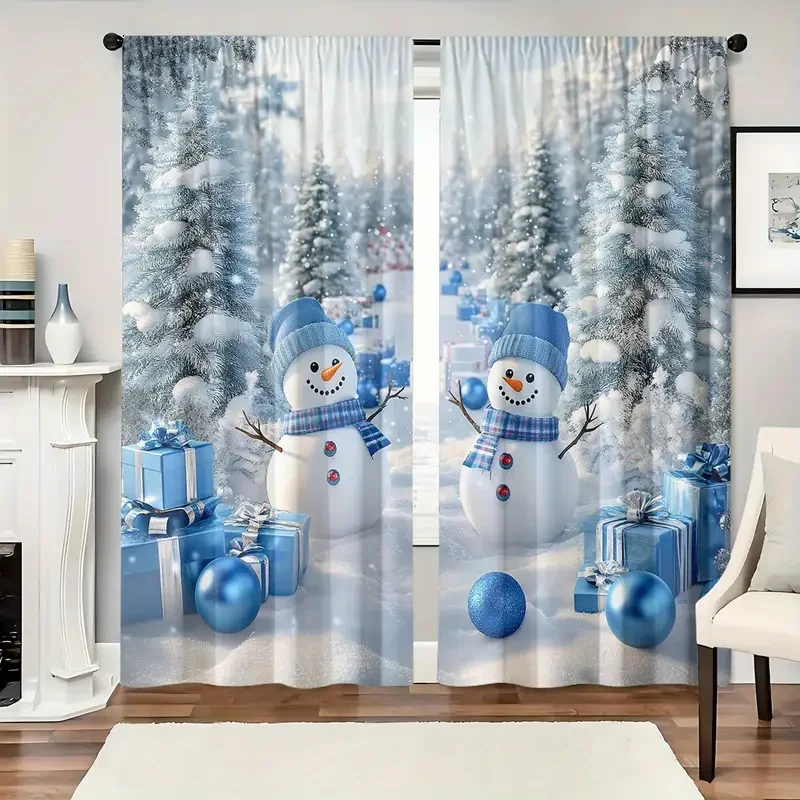 قطعتان من ستائر عيد الميلاد الذهبية الساحرة، ستائر بوليستر مرشحة بتصميم رائع لنوافذ عائلة عيد الميلاد
