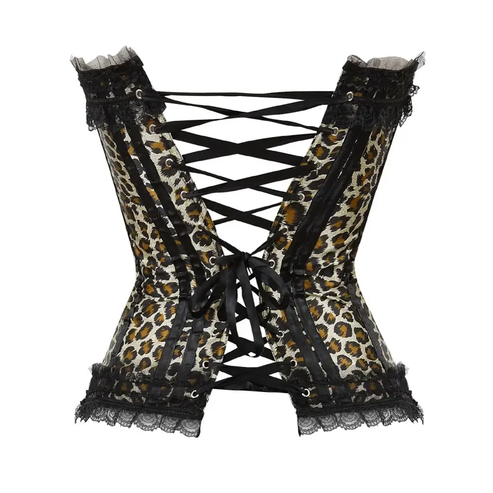 Corset Femme Sexy Satin Lace Overlay Corsets Padded Zip Bustier Victorian Leopard Overbust Corselet Carnival Party Costumes