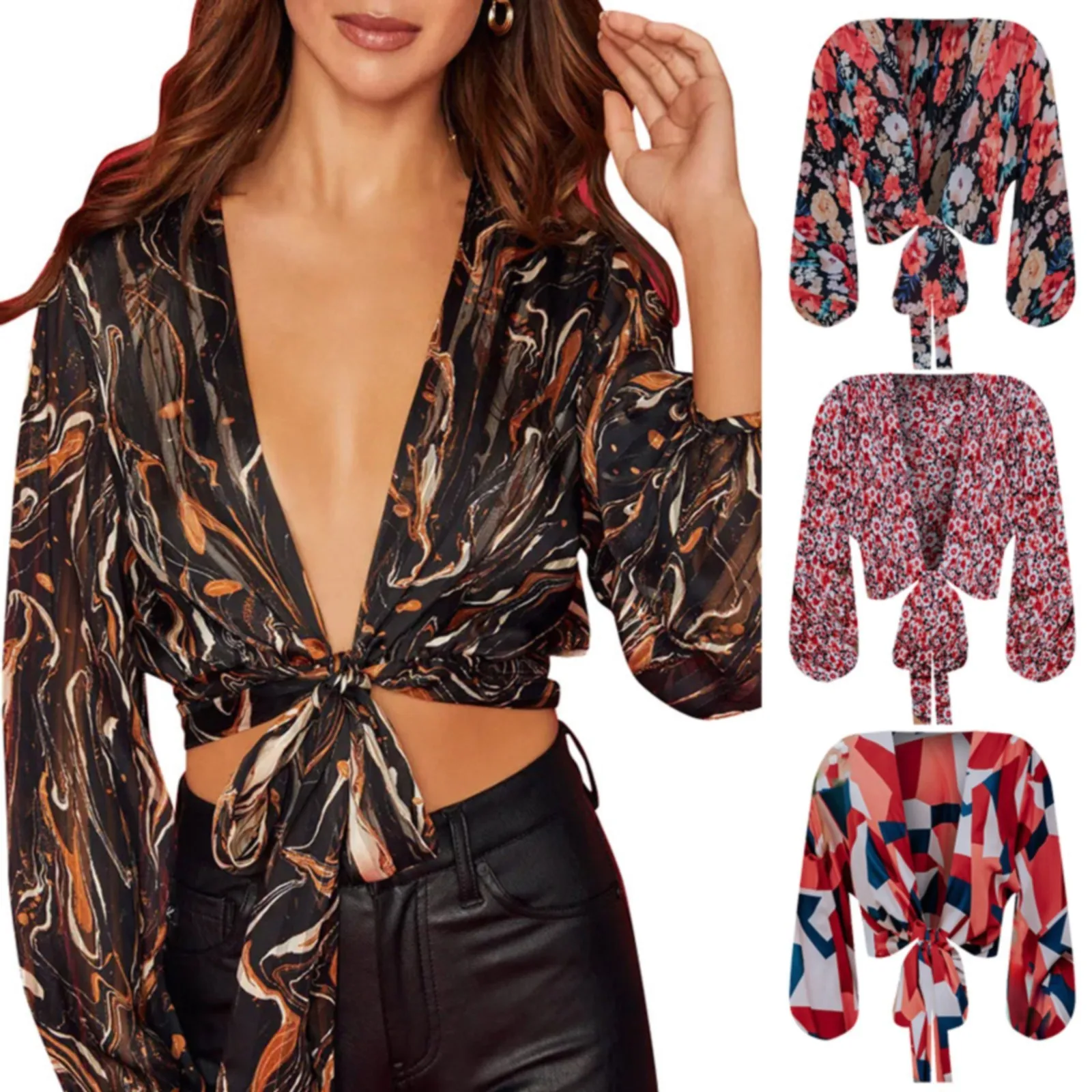 

Lace Up Bow V Neck Flared Sleeves Printed Crop Chiffon Shirt Blusas Elegant All-