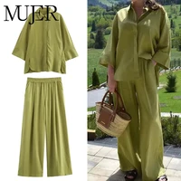 MUJER 2025 Women Pants Sets Oversize Casual Shirt Fashion Linen Set Woman Two Pieces Wide Leg Baggy Pants Suit Summer Outfit