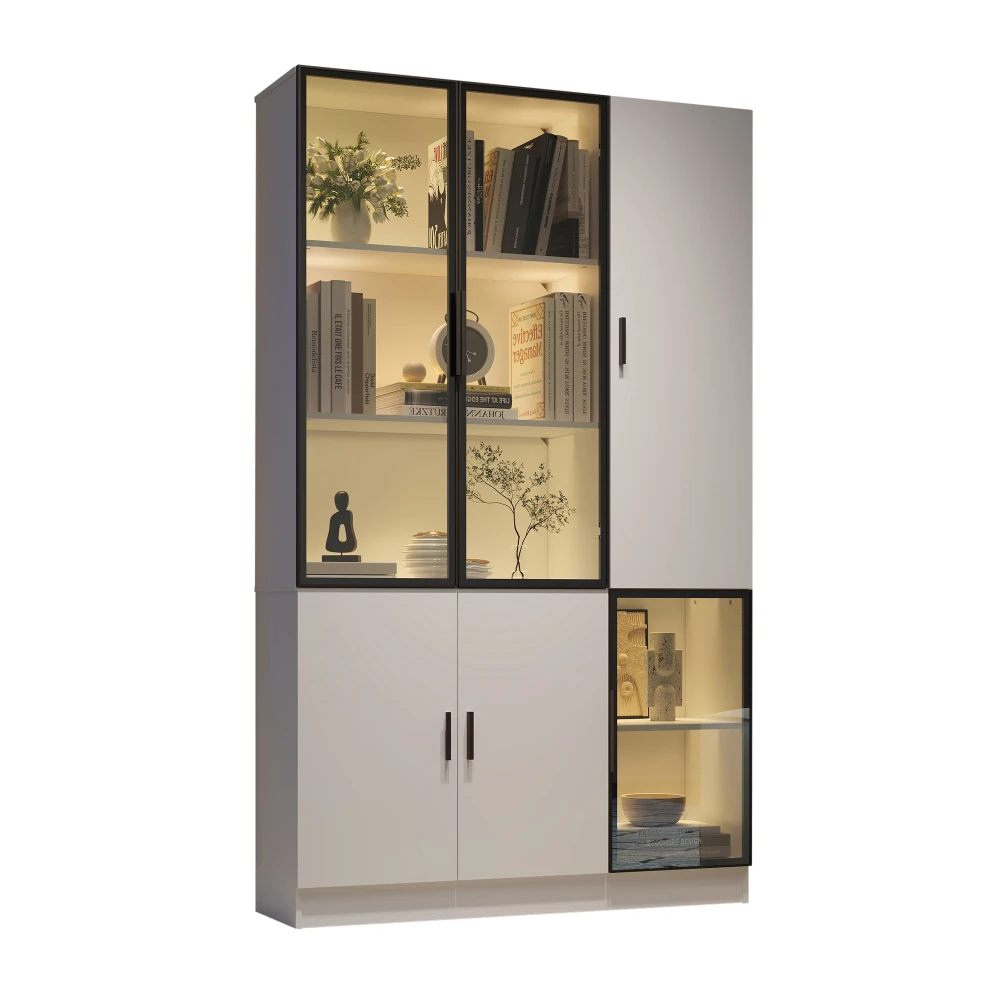 200 cm hoher Vitrinenschrank, mit LED-Beleuchtung, Multi-Storage-Bücherregal, Wohnzimmerschrank mit Glastür und Aluminiumrahmen – Detail 14