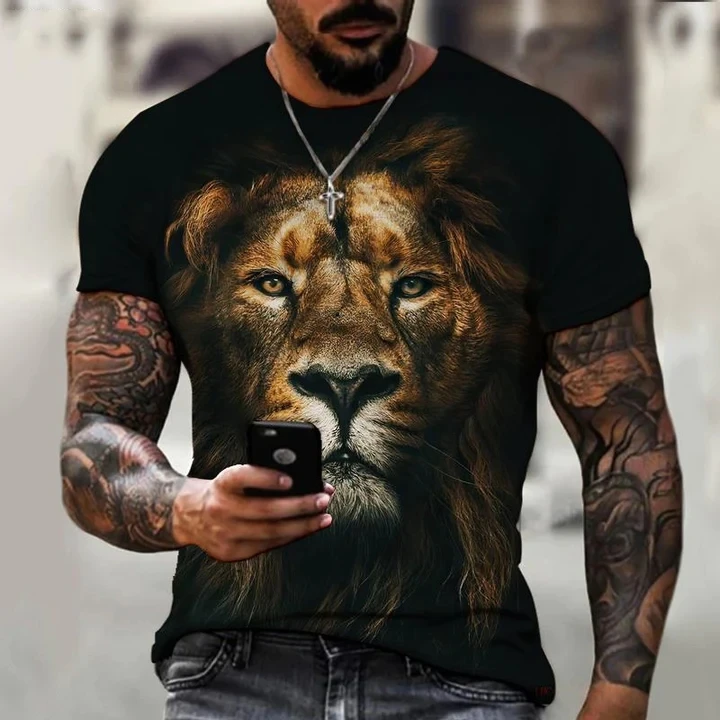 

2023 Summer Men's Printed Casual Crew Neck Short Sleeve T-Shirt King Lion 3D Printed T Shirt