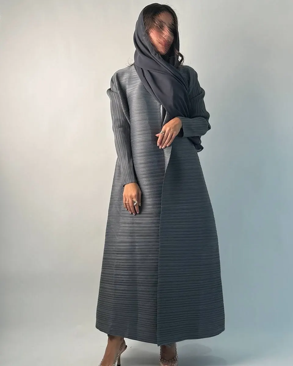 Women's Fold Miyake Pleated Abaya Long Sleeve Print Foldable Collar Robe Cardigan Coat Winter Original Design