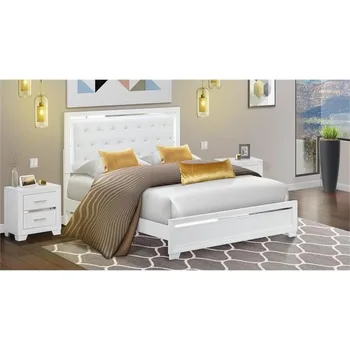 PA05-Q2N000 Pandora 3-Piece Bedroom set with an Adjustable LED lighting Headboard Queen Size Bed 2 modern nightstands - White F 2