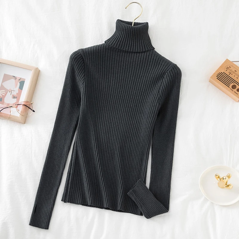 2022 Warm Thick Autumn Winter Women Sweater Pullover Basic Ribbed Sweaters Cotton Tops Knitted Solid Turtleneck With Thumb Hole cable knit sweater Sweaters