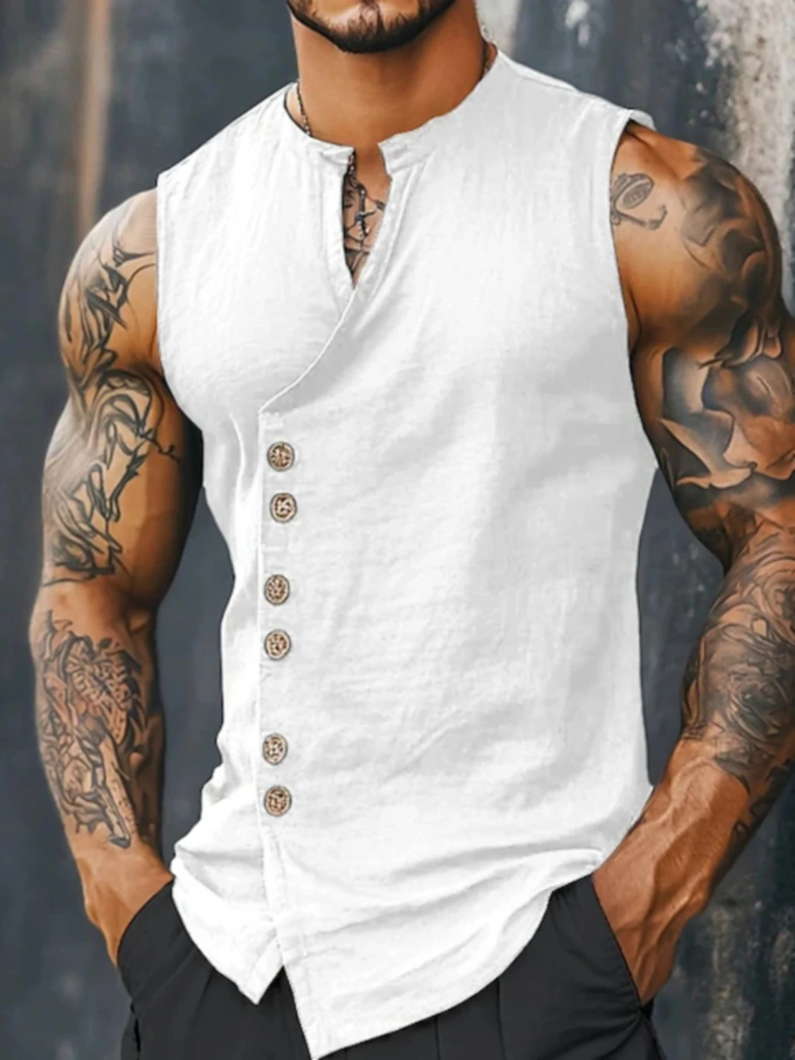 Herren Leinenweste ohne Ärmel - Sommerliches Freizeit-Tanktop mit Knopfleiste