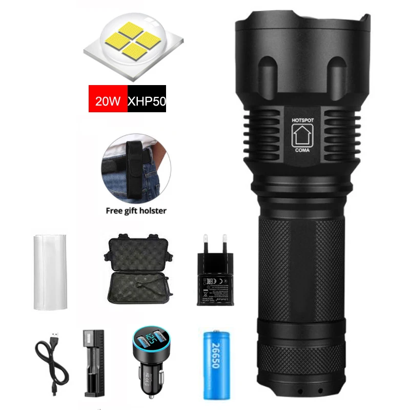 Powerful Tactical LED Flashlight CREE XHP50 T6 L2 Zoom Waterproof Torch for 26650 Rechargeable