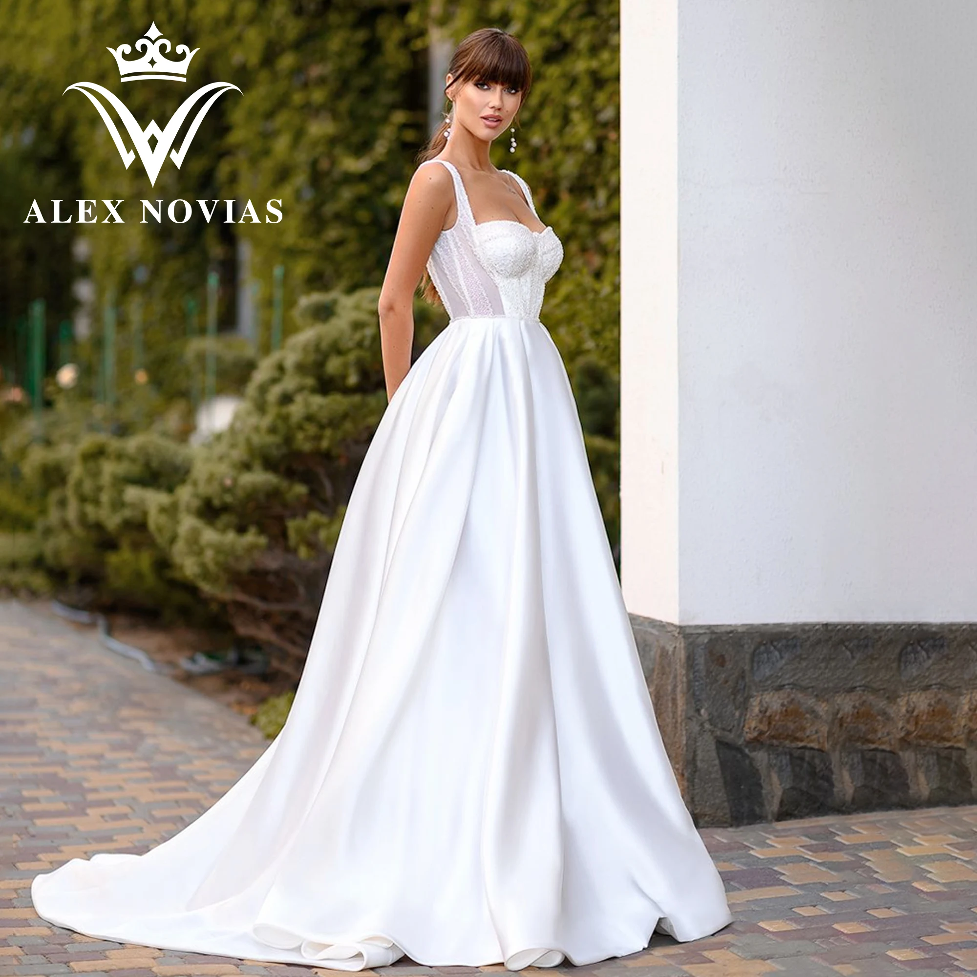 

Свадебное платье-трапеция ALEX NOVIAS, атласное платье на бретелях-спагетти с блестками и открытой спиной, 2023