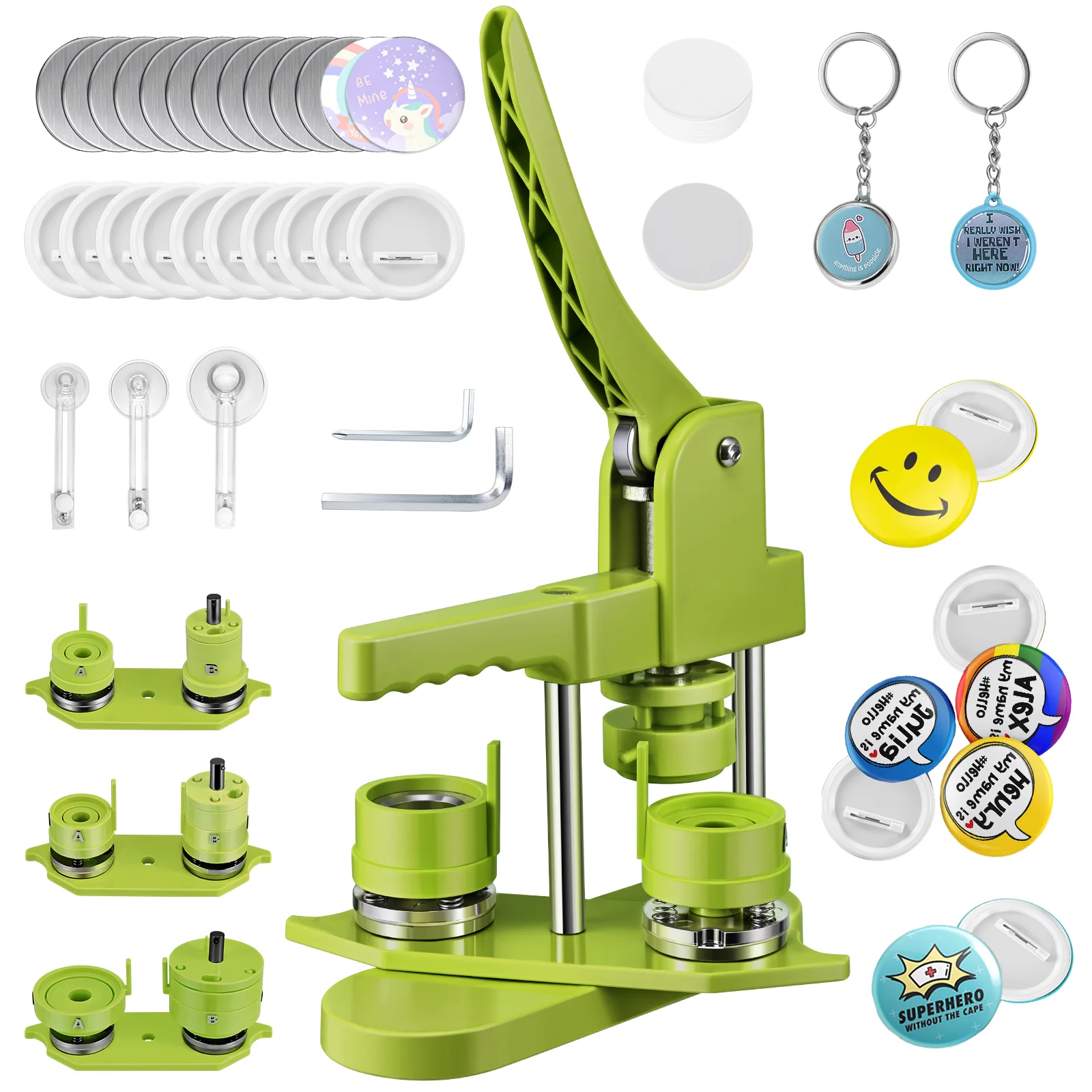 25+32+58mm Badge Machine, 300 Sets Plastic Badges, Badge Press With 10 Bottle Openers+Keychains And 3 Circular Paper Cutters