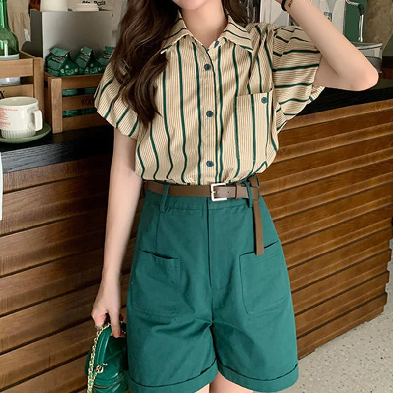 Hong Kong Style Retro Striped Blouse for Women Clothing Summer Polo-Neck Patchwork Pockets Short Sleeve Single Breasted Shirt