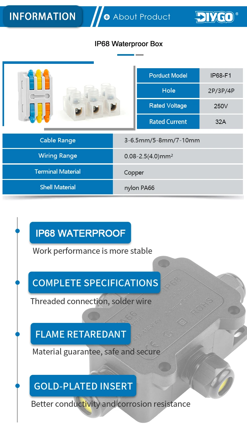Description Picture 3 of item2/3/4 Way Outdoor Waterproof Junction Box IP68 Electrical Cable Electronic Wire Connectors External Electrical Junction Box 32A