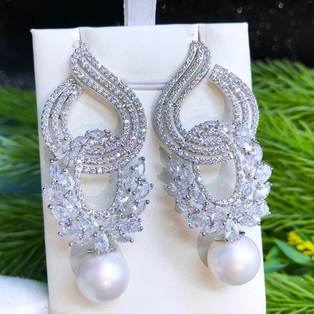 CWWZircon Elegant American European White Cubic Zirconia Long Dangle Drop Chandelier Bridal Wedding Earrings Jewelry CZ914