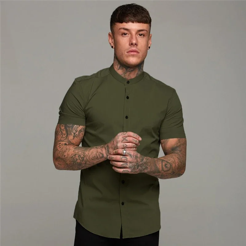 Summer Men Fashion Short Sleeve Solid Shirt Slim Fit Male Social Business Dress Shirt casual short sleeved shirt short sleeved shirt Brand Mens Gym Fitness Sports Clothing