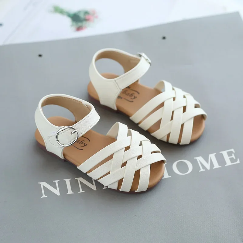 Baby Girls Summer Sandals Toddler Kids Shoes Sweet Princess Soft Children Beach Rome Sandals Woven Cut-outs Toe-capped Princess