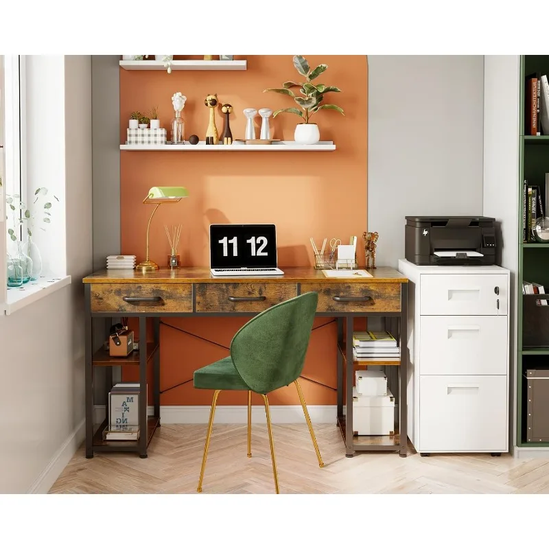 Office Small Computer Desk: Home Table with Fabric Drawers & Storage Shelves, Modern Writing Desk