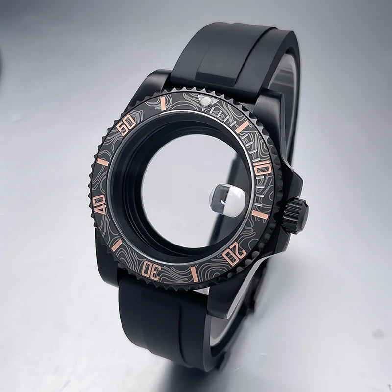 All-Black Sub Style Watch Case with Rubber Strap and Sapphire Crystal