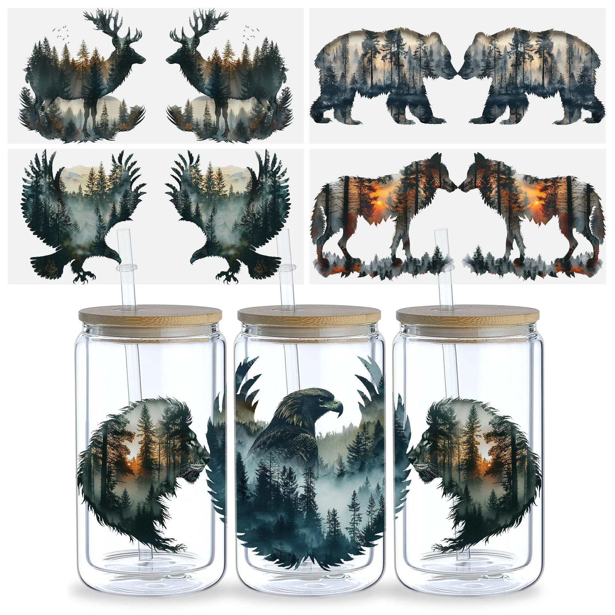 5 Sheets Animal Forest UV DTF Tumbler Stickers, DTF Transfer Stickers, Waterproof Wipeable Transfer Stickers for 16oz Tumblers