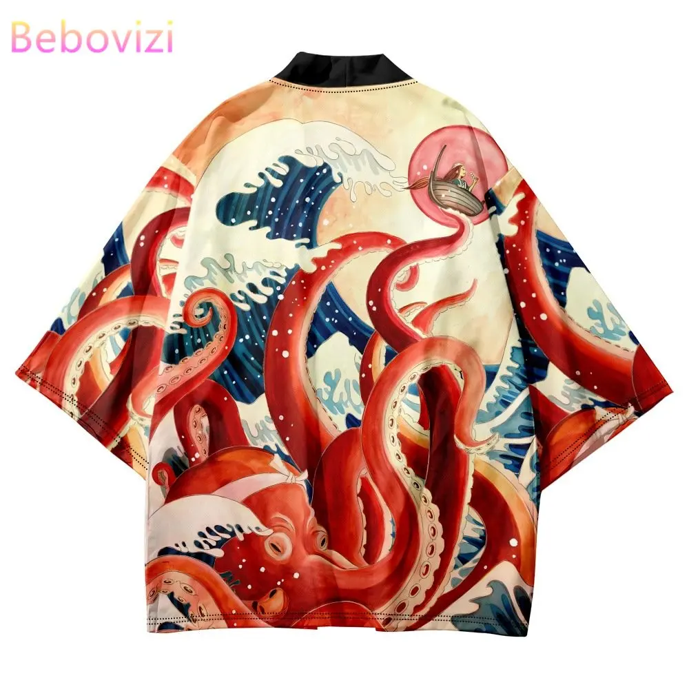 

Fashion Cardigan Beach Japanese Anime Octopus Wave Print Top Traditional Kimono Women Men Oversized Haori 5XL 6XL Asian Clothing