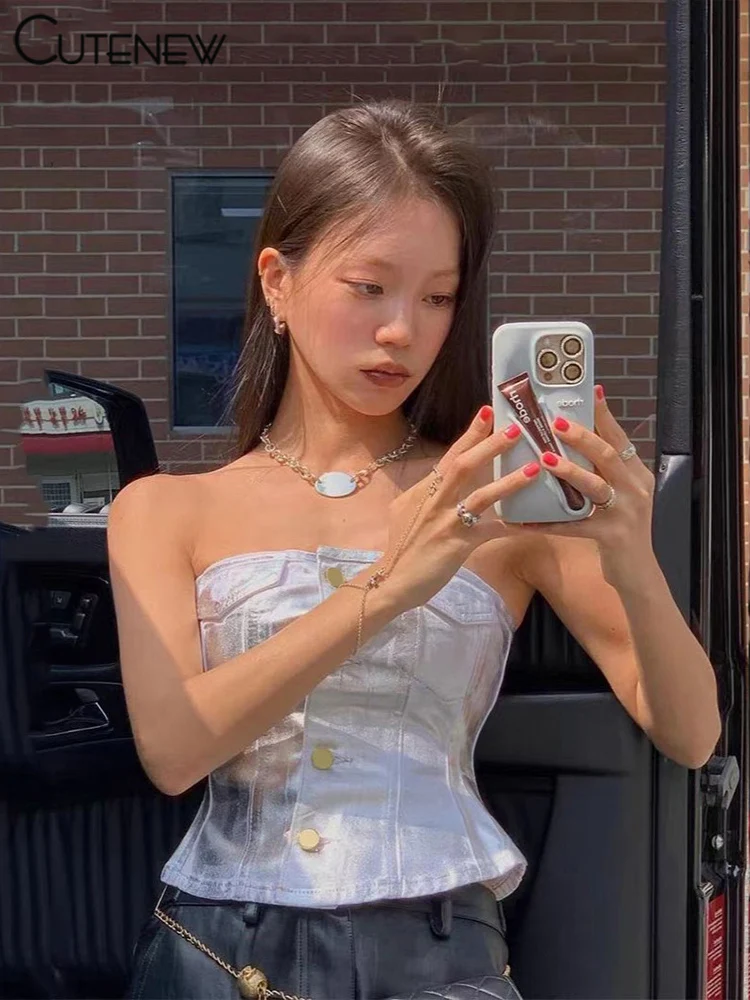 Stunning Solid Vest Women Summer Street Fashion Strapless Single Breasted Slim Tanks Girl Concise Go Out All-matched Top