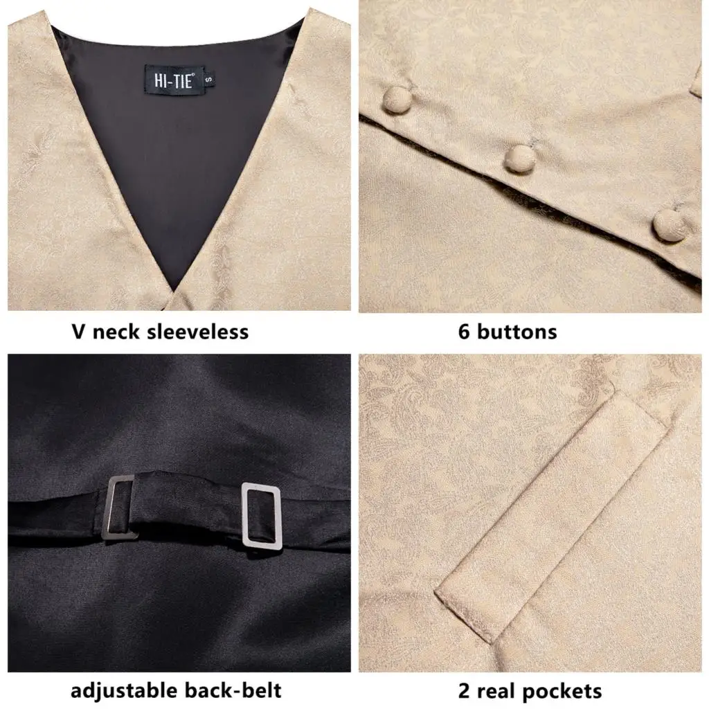 Hi-Tie High Quality Silk Mens Vests Champagne Paisley Waistcoat Neck Tie Hanky Cufflinks Brooch Set for Men Suit Wedding Office 4