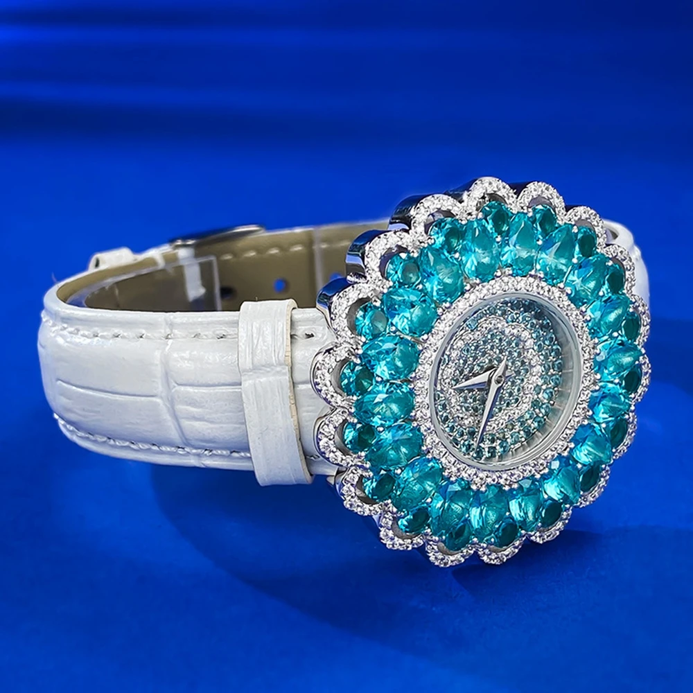 Wong Rain Luxury 38MM Quartz Watch Wristwatches Stainless Steel Paraiba Tourmaline Full Diamonds Gemstone Dial Clock Top Quality