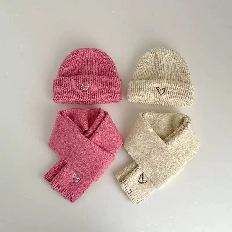 Boys Girls Kids Winter Solid Colour Ear Protection Warm Wool Cap Love Heart Embroidery Children's Knitted Cap Baby Head Wrap Hat