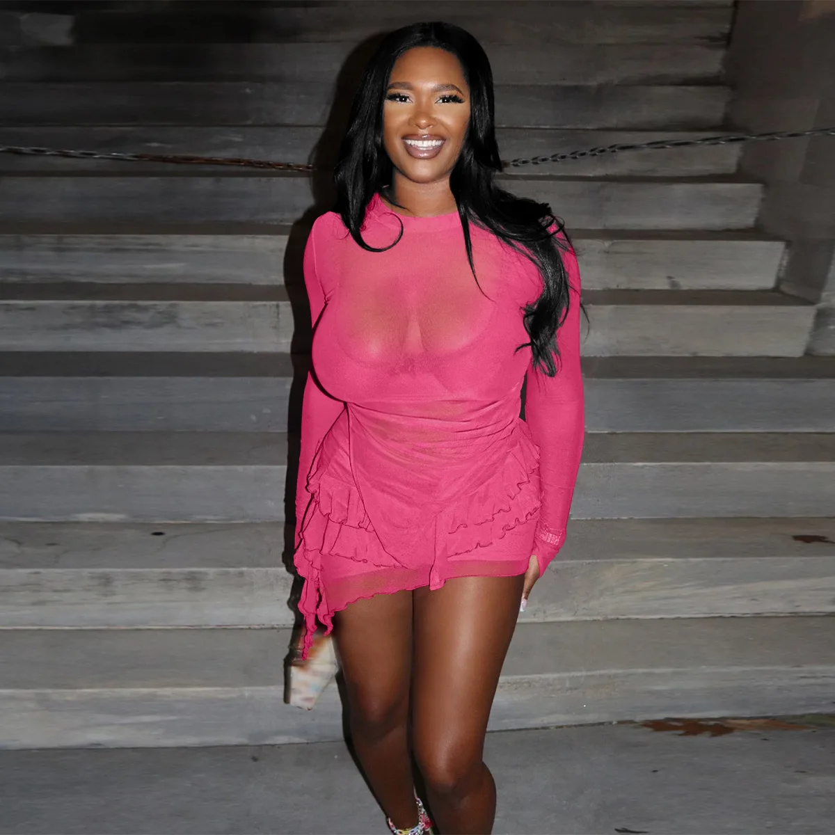 Mesh Ruffle Dress 2 Piece Skirt Sets Crop Tops Two Piece Sets 2023 Fall Women Y2K Streetwear Fashion Mini Dress Outfits