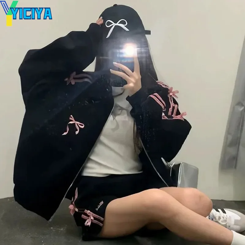 

YICIYA y2k bow stripe black jacket High quality cute Parker Korean fashion coats women bomber winter Jackets new outfits 2024