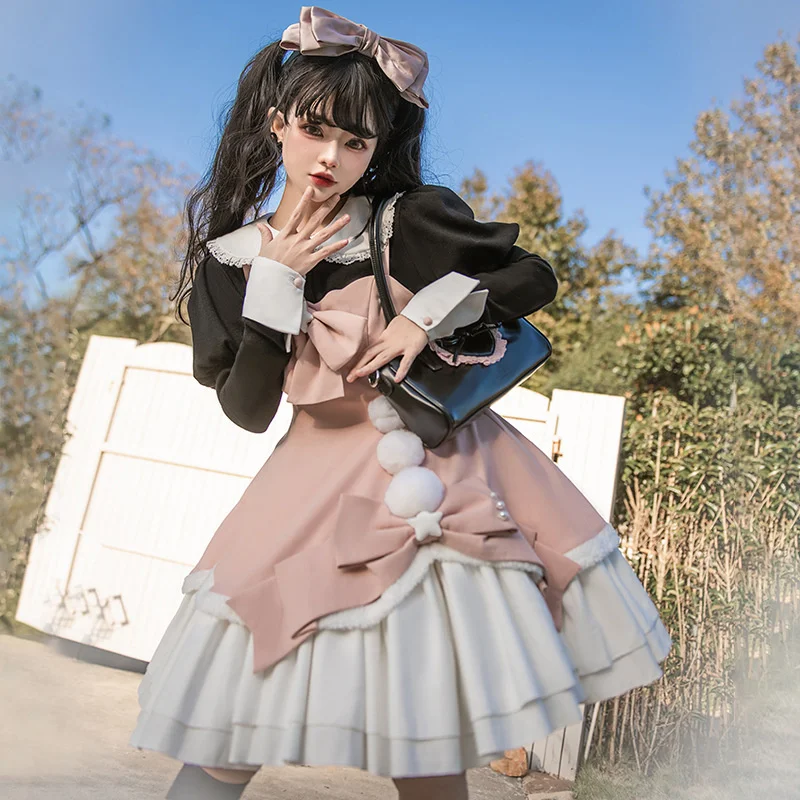 Women Dress Lolita Dress Winter Fairy Tale Suspender Skirt Sweet Long Sleeve Shirt Princess Japanese Harajuku Fashion