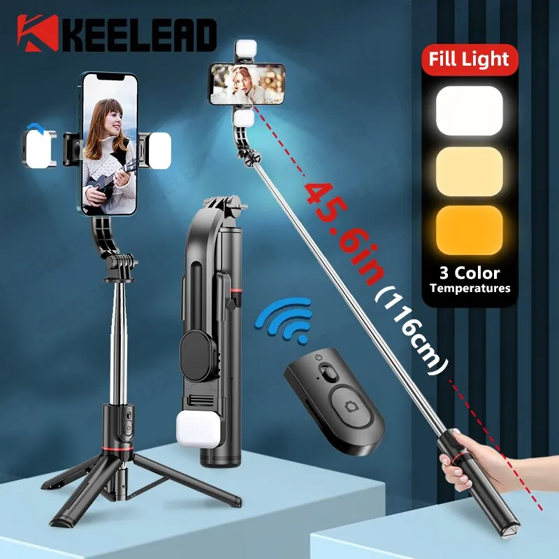 KEELEAD-palo-de-Selfie-Bluetooth-tr-pode-L13D-con-luz-de-relleno-doble ...