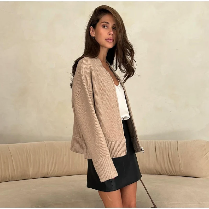 Vintage Knit Zipper Cardigan For Women Solid Loose O Neck Long Sleeve Sweater Top Female Fall Winter All-matching Knitwear
