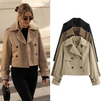 Ladies Vintage Cropped Trench Spring Autumn Jacket Women Streetwear Double Breasted Long Sleeve Top Female Chic Coat Outfits 1