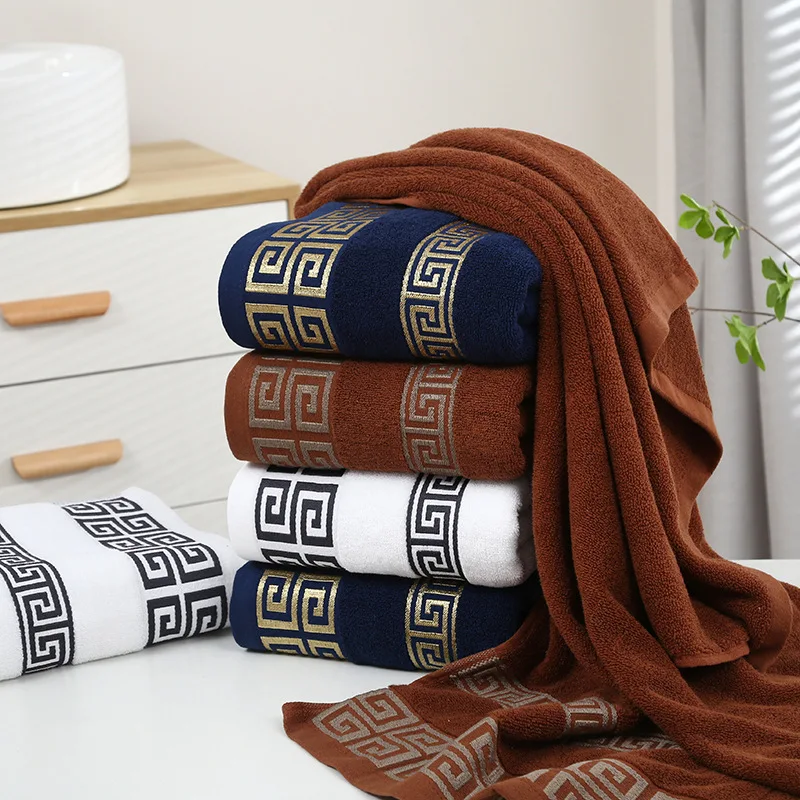 Bath Towels Cotton Towel 70x140cm Large Bath Towel 100% Cotton Geometric Embroidered Thick Soft Absorbent Luxury Hotel and Spa Bathroom Towel Blue White