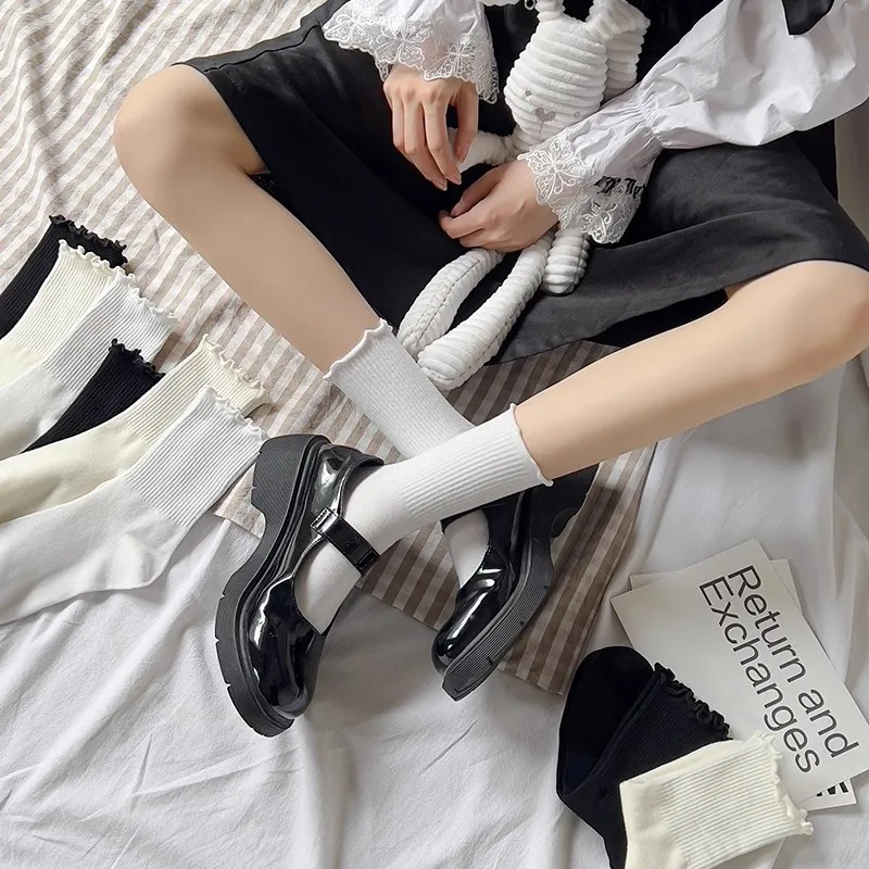 3pairs Cotton Cute Ruffle Socks Middle Tube Ankle Breathable  Solid Color Set Comfort  Casual Socks Sweat-absorbing Girl’s Socks