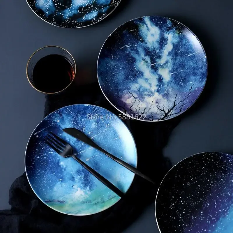 8 inch Starry Universe Plate Set Ceramic Dishes Dessert Steak Bread Dinner Plates Sets Dish Kitchen Decor