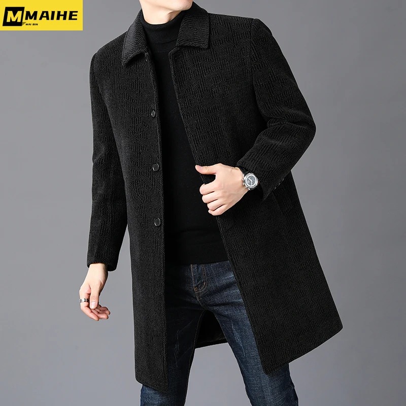 Winter Long Warm Woolen Coat Men's Light Luxury Business Single-breasted Jacket Men's Quality Wool Blended Coat Brand Clothing