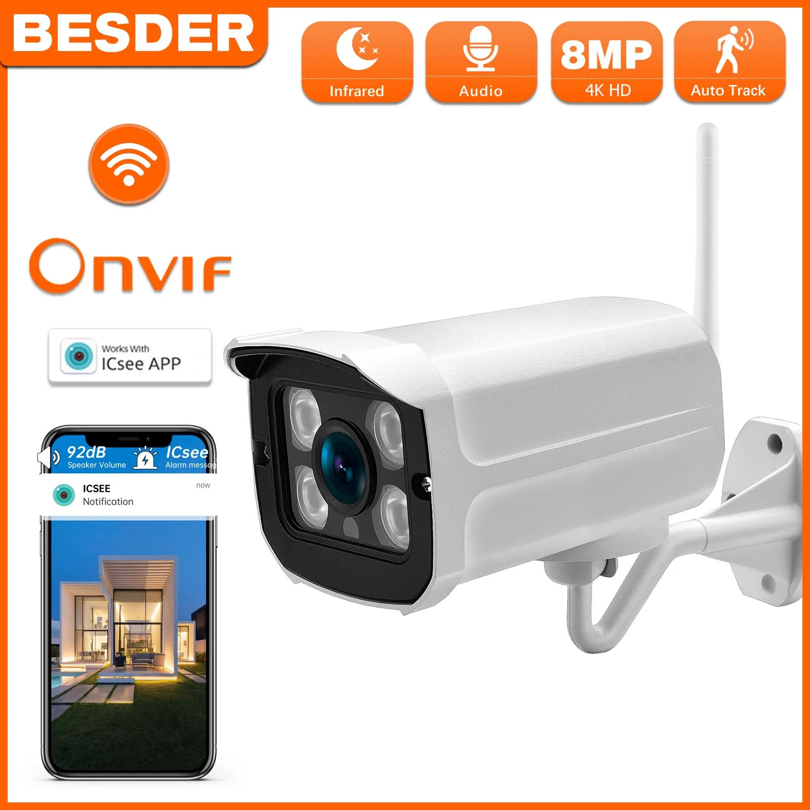 BESDER 5MP Audio IP Camera Wifi Wireless AI Human Detect iCSee 1080P CCTV Bullet Outdoor Surveillance Camera With SD Card Slot