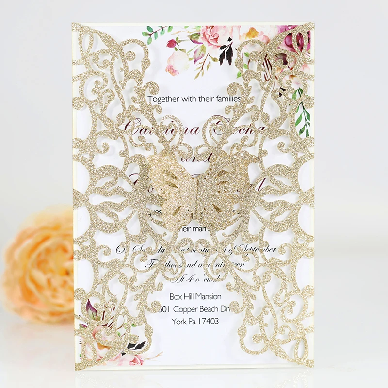 

50pcs Glitter Paper Butterfly Wedding Invitations Invitation Card with Envelope Greeting Cards Gift Card Customization for Party