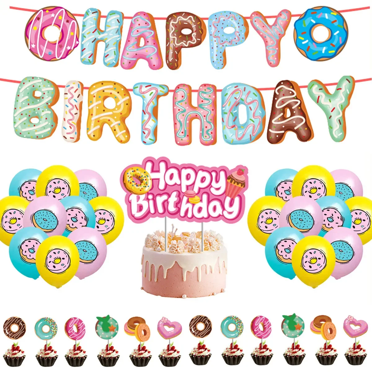 

Donut Themed Birthday Decoration Set for Girls, Sweet Donut Balloons, Happy Birthday Banner, Cake Toppers, Donut Party Supplies