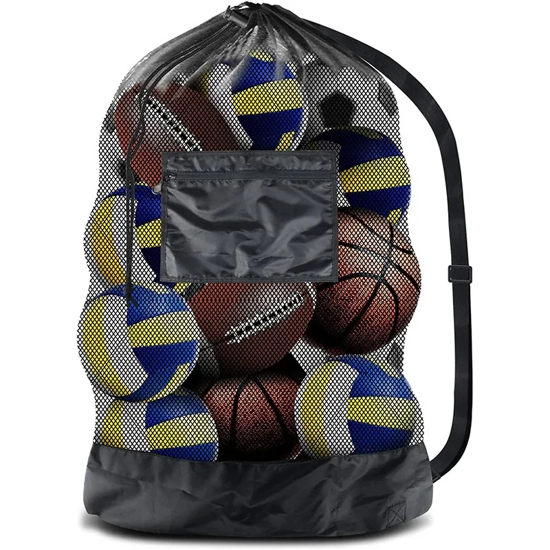 Large Mesh Ball Bag Drawstring Bag for Storage Soccer Basketball Volleyball Training Bags Black Sports Bag with Shoulder Straps 6